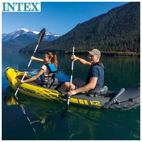 Байдарка 312х91х51 см, лодка надувная Explorer K2 Kayak, 2 местная,алюминиевые вёсла 218 см, насос ручной, 2 сиденья, до 180 кг, Intex 68307