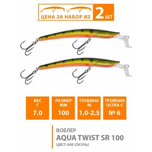 Воблер для рыбалки плавающий AQUA Twist SR 100mm 7g заглубление от 1 до 2.5m цвет 048 2шт