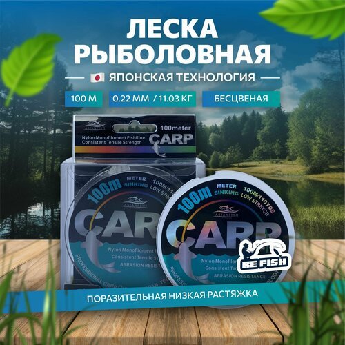 Леска для рыбалки монофильная прозрачная карповая carp line 100 м, 0.22 мм