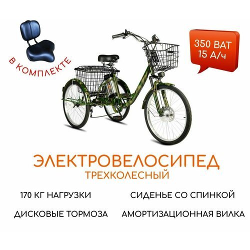 Электровелосипед трехколесный для взрослых РВЗ 'Чемпион', 350 15 (диван), хаки
