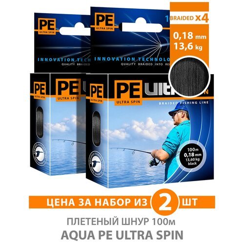 Плетеный шнур для рыбалки AQUA PE ULTRA SPIN x4 Black 100m 0.18mm 13.6kg / плетенка на спиннинг, троллинг, фидер (2 шт)