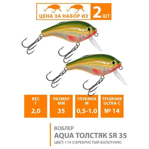 Воблер для рыбалки плавающий AQUA Толстяк SR 35mm 2g заглубление от 0,5 до 1m цвет 114 2шт