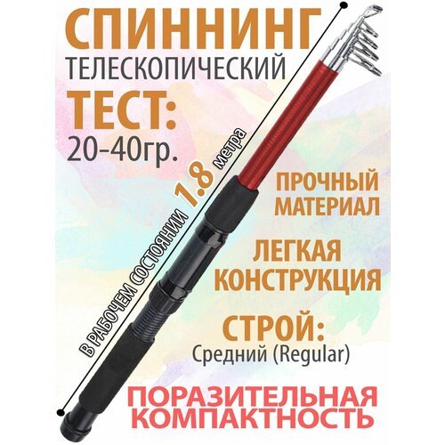 Спиннинг для рыбалки телескопический, 1,8м, очень компактный, тест 20-40 гр.