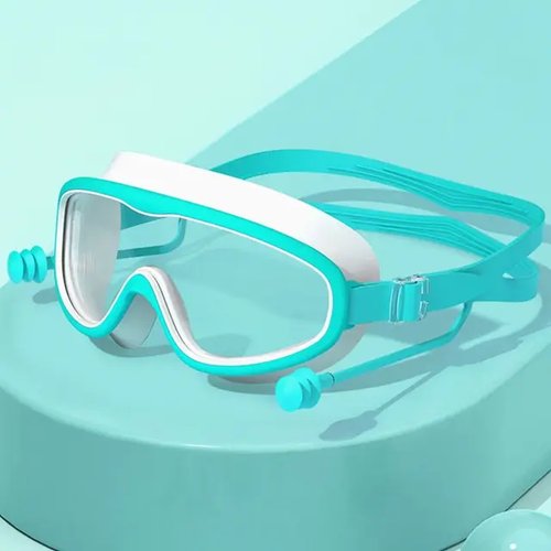 Детские очки для плавания с большой оправой и затычками для ушей, для мальчиков и девочек, Голубой
