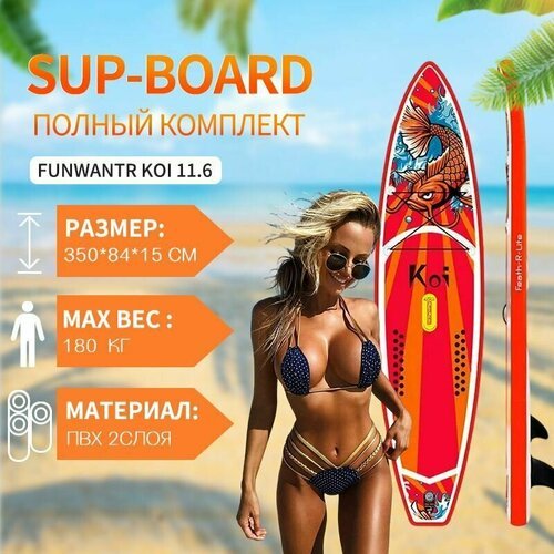 Надувная SUP-доска (SUP board) 350x84x15 см FUNWATER KOI 11,6 с насосом, веслом и страховочным лишем.