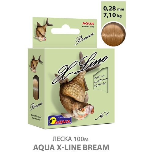 Леска для рыбалки AQUA X-Line Bream (Лещ) 100m, 0,28mm, 7,10kg / для спиннинга, троллинга, фидера, удочки / светло-коричневый