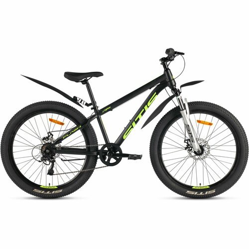 Велосипед SITIS FLASH 26' 7sp (2024) Black-Green-Grey, подростковый для мальчиков, сталь, 7 скоростей, дисковые механические тормоза, размер рамы 13,5, рост 150-160 см