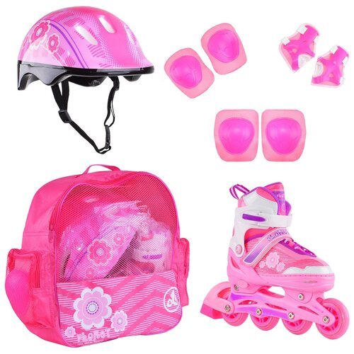 Набор роликовые коньки раздвижные FLORET White Pink Violet, шлем, набор защиты, в сумке (M: 35-38)