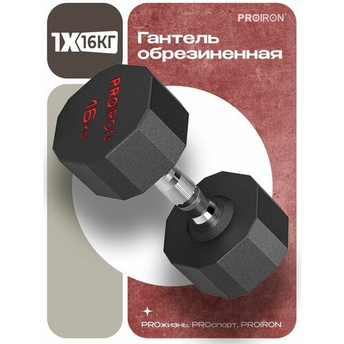 Гантель 16 кг 1 шт обрезиненная PROIRON, для фитнеса и спорта, черный и хром