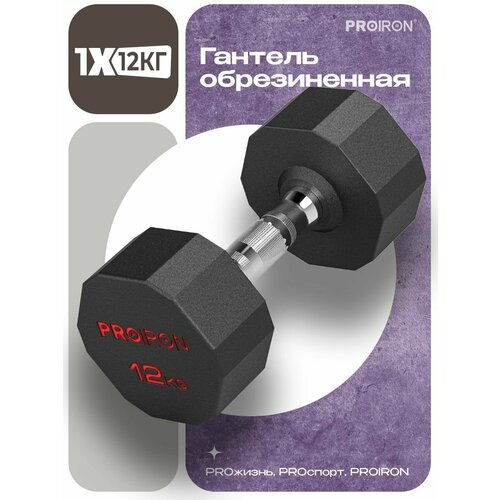 Гантель 12 кг 1 шт обрезиненная PROIRON, для фитнеса и спорта, черный и хром