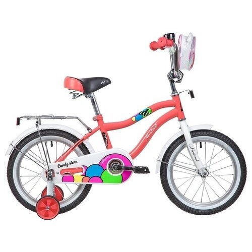 Детский велосипед NOVATRACK 16', CANDY, коралловый, полная защита цепи, тормоз нож, сумочка на руль, крылья