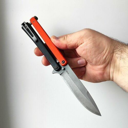 Нож бабочка, балисонг Atroposknife 'Хват'. Черно оранжевый. Нож складной туристический. Длина лезвия 9 см