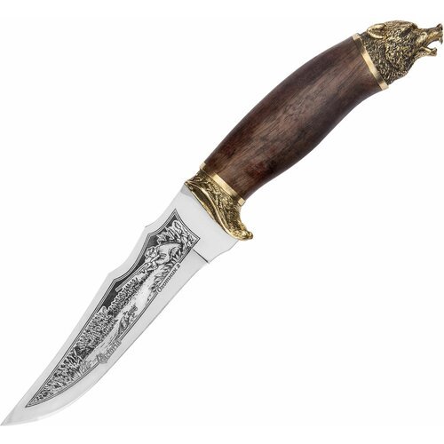 Нож ручной работы Охотник-2, сталь 65Х13, рукоять орех / Медведь на рукоятке, на клинке изображение 'Охота на уток'
