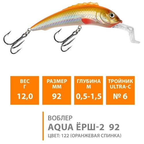 Воблер для рыбалки плавающий AQUA Ерш-2 92mm 12g заглубление от 0.5 до 1.5m цвет 122