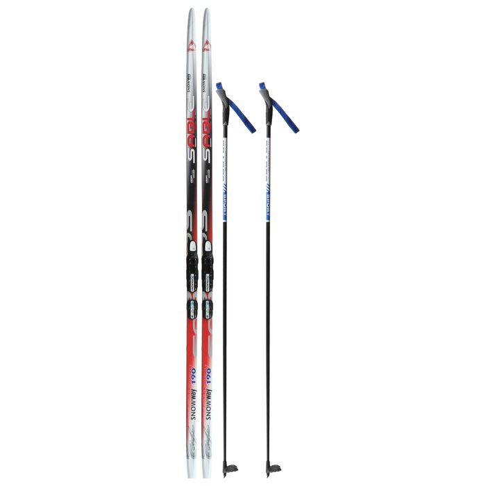 Комплект лыжный: пластиковые лыжи 190 см с насечкой, стеклопластиковые палки 150 см, крепления NNN, цвета МИКС