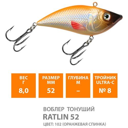 Воблер для рыбалки тонущий AQUA Ratlin 52mm 8g цвет 102