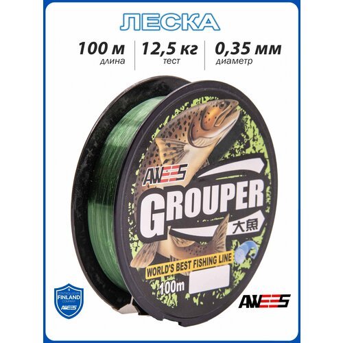 Монофильная леска для рыбалки Grouper зеленая 100м, 0,35 мм, 12,5 кг