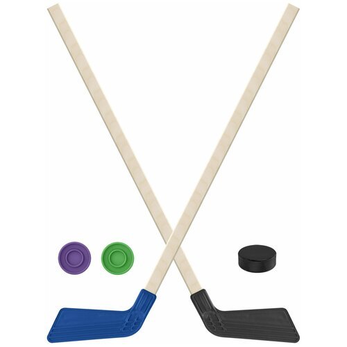 Детский хоккейный набор для игр на улице, свежем воздухе Клюшка хоккейная детская 2 шт синяя и чёрная 80 см.+2 шайбы + Шайба хоккейная детская 60 мм.