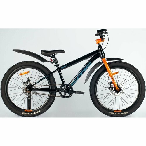 Велосипед SITIS FLASH 24' (2024) Black-Orange-Gray, подростковый для мальчиков, сталь, 1 скорость, дисковые механические тормоза, размер рамы 12, рост 130-145 см