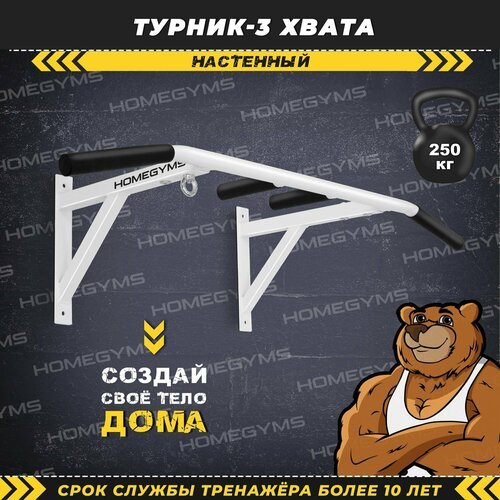 Турник настенный HOMEGYMS, усиленный 3 хвата, белый