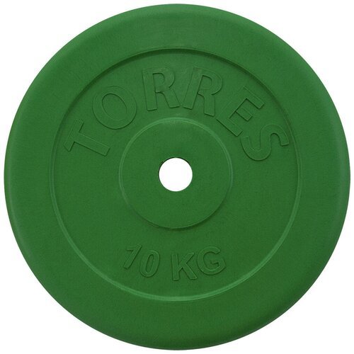 Диск TORRES обрезиненный 10 кг арт.PL504110, d.25мм, металл в рез. оболочке, зелёный