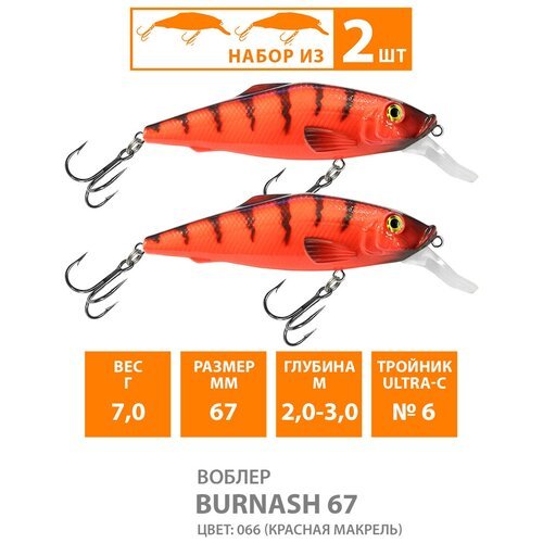 Воблер для рыбалки плавающий AQUA Burnash 67mm 7g заглубление от 2 до 3m цвет 066 2шт