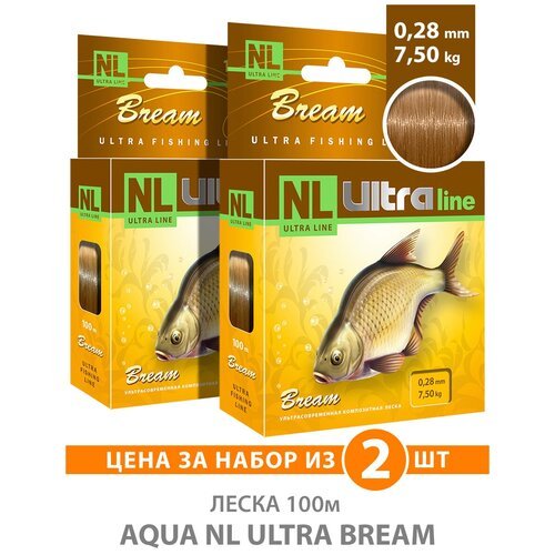 Леска для рыбалки AQUA NL ULTRA BREAM (Лещ) 100m, 0,28mm, 7,50kg / для фидера, удочки, спиннинга, троллинга / светло-коричневый (набор 2 шт)