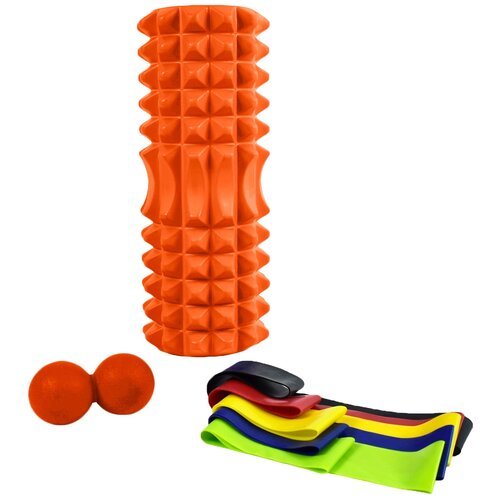Набор для йоги (валик Strong S, мяч для йоги двойной, 5 эспандеров ленточных) в чехле цвет: оранжевый