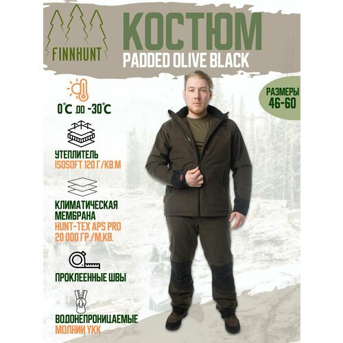 Костюм тактический охотничий, рыболовный, туристический демисезонный и зимний, мужской FINNHUNT Reliable Padded Olive Black на мембране, куртка с капюшоном и штаны с карманами