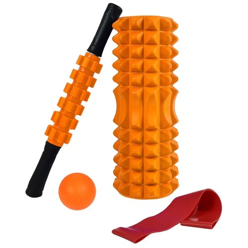 Набор для йоги (валик Strong S, массажер-роллер, мяч, эспандер) в чехле цвет: оранжевый