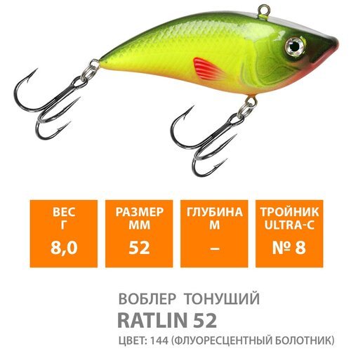 Воблер для рыбалки тонущий AQUA Ratlin 52mm 8g цвет 144