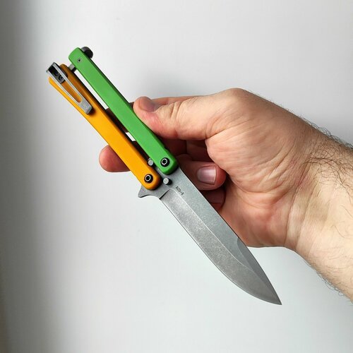 Нож бабочка, балисонг Atroposknife 'Хват'. Зелено желтый. Нож складной туристический. Длина лезвия 9 см