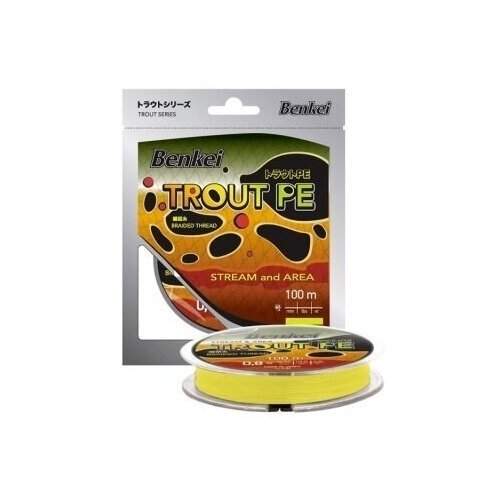 Шнур Benkei Trout PE 100m, желтый fluo #0,6 (0,128mm), 4,1kg