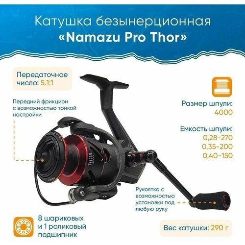 Катушка безынерционная Namazu Pro Thor TH4000 , 8+1 подш, метал. шпуля +пластиковая шпуля