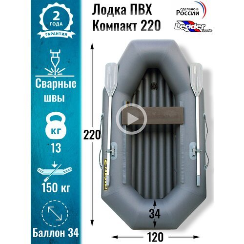 Leader boats/Надувная лодка ПВХ Компакт 220 надувное дно (серая)