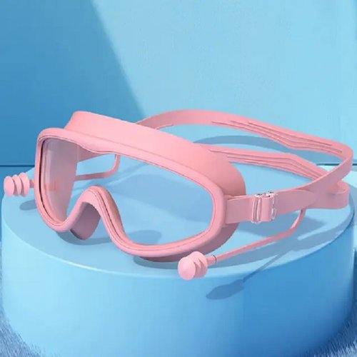 Детские очки для плавания с большой оправой и затычками для ушей, для мальчиков и девочек, Розовые