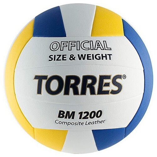 Мяч волейбольный TORRES BM1200 арт.V42035, р.5, синтетическая кожа (микрофибра), клееный, бутиловая камера , бел-син-желт