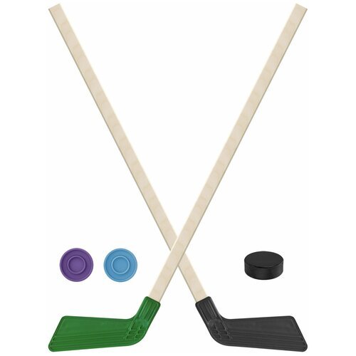 Детский хоккейный набор для игр на улице, свежем воздухе Клюшка хоккейная 2 шт. зелёная и чёрная 80 см. + 2 шайбы + Шайба хоккейная детская 60 мм.