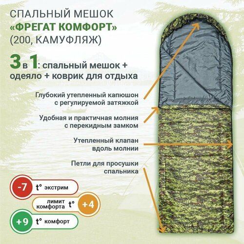 Спальный мешок Фрегат Комфорт (200) туристический армейский камуфляж