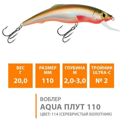 Воблер для рыбалки плавающий AQUA Плут 110mm 20g заглубление от 2 до 3m цвет 114