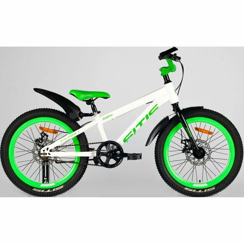 Велосипед SITIS FLASH 20' single speed (2024) White-Green, детский для мальчиков, сталь, 1 скоростей, дисковые механические, колеса 20, рост 120-135 см