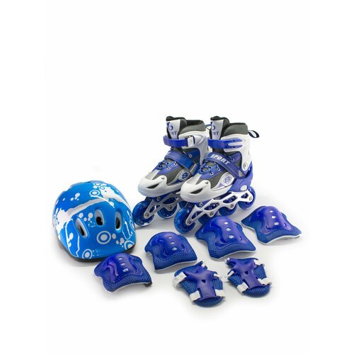 Синие раздвижные роликовые коньки, шлем, защита коленей, локтей, кистей, сумка, размер 27-30