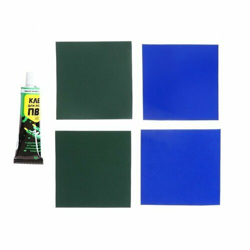 Ремкомплект, клей пвх, 2 заплатки синего и 2 заплатки зеленого цвета (комплект из 6 шт)