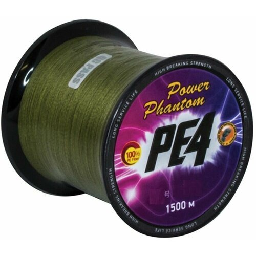 Плетеный шнур для рыбалки Power Phantom PE4, 1500м, зеленый #2, 0,22мм, 11,8кг, 4 жильная плетенка для морской ловли
